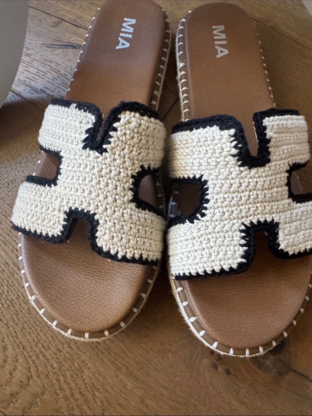 MIA Cream Crochet Slide Sandals with Black Trim